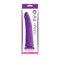Purple thin 8'' suction cup silicone dildo inside packaging.