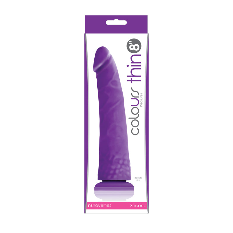 Purple thin 8'' suction cup silicone dildo inside packaging.