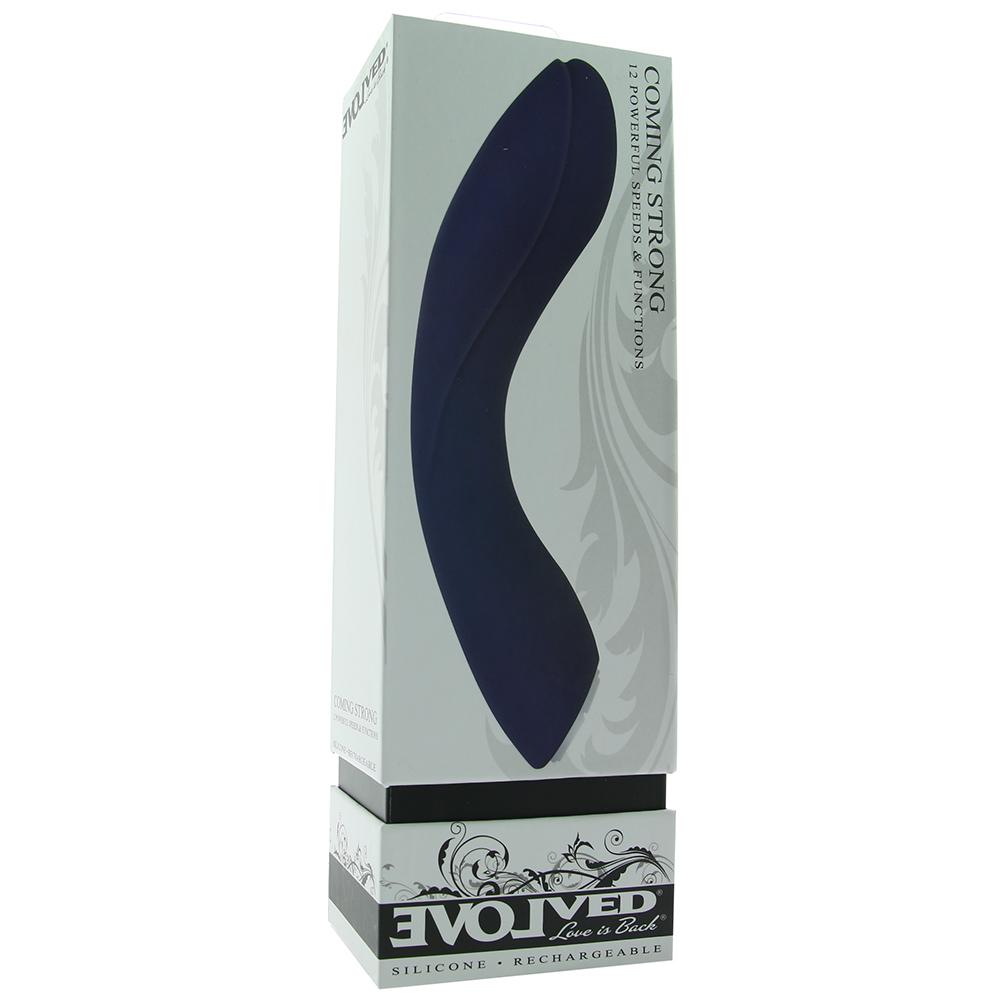 Purple coming strong vibrator inside packaging.