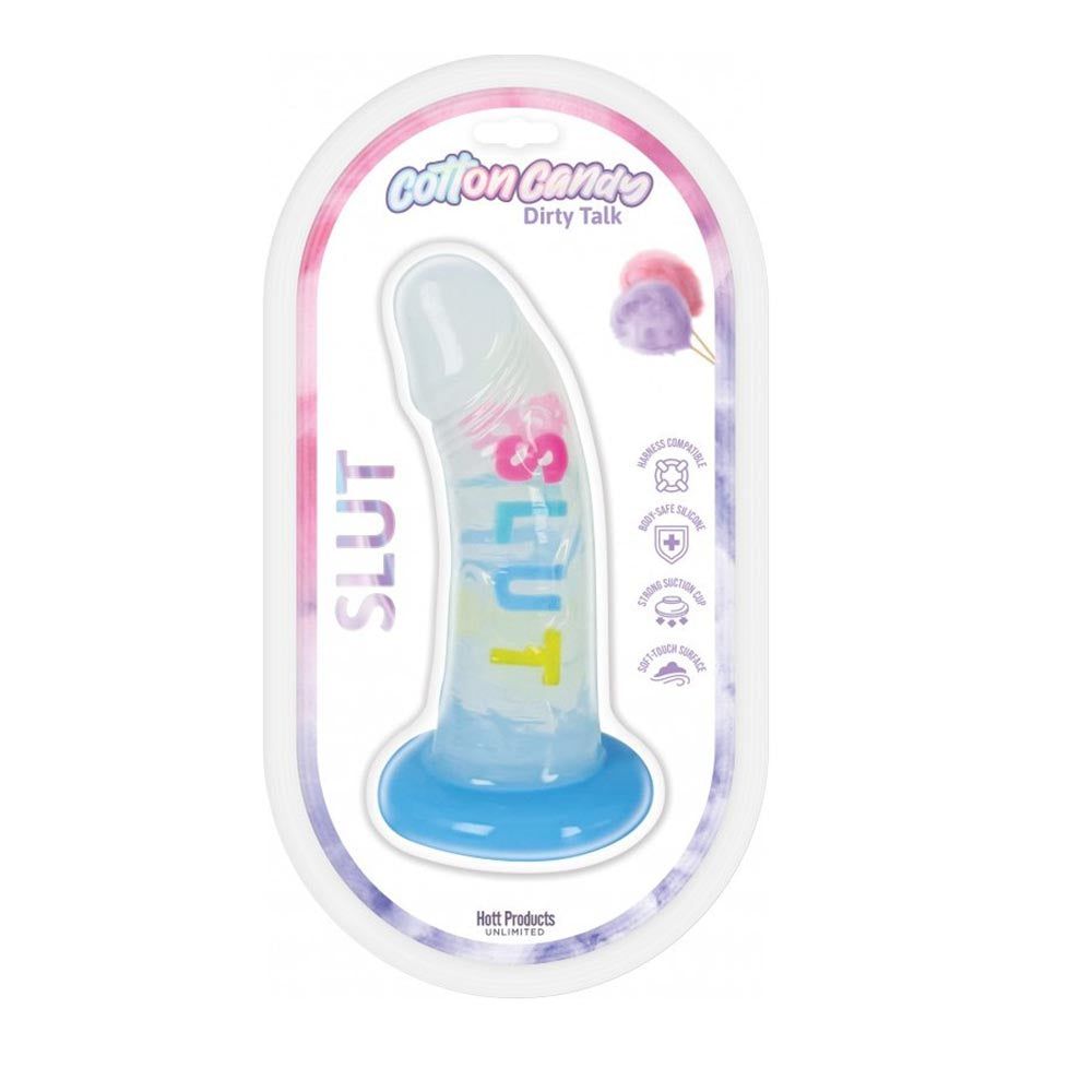 Cotton candy dirty talk slut silicone suction cup dildo in packaging