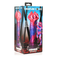 Multicolored demogorgon silicone dildo inside packaging.