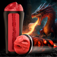 Red dragon snatch stroker example photo with fire breathing dragon in the background.
