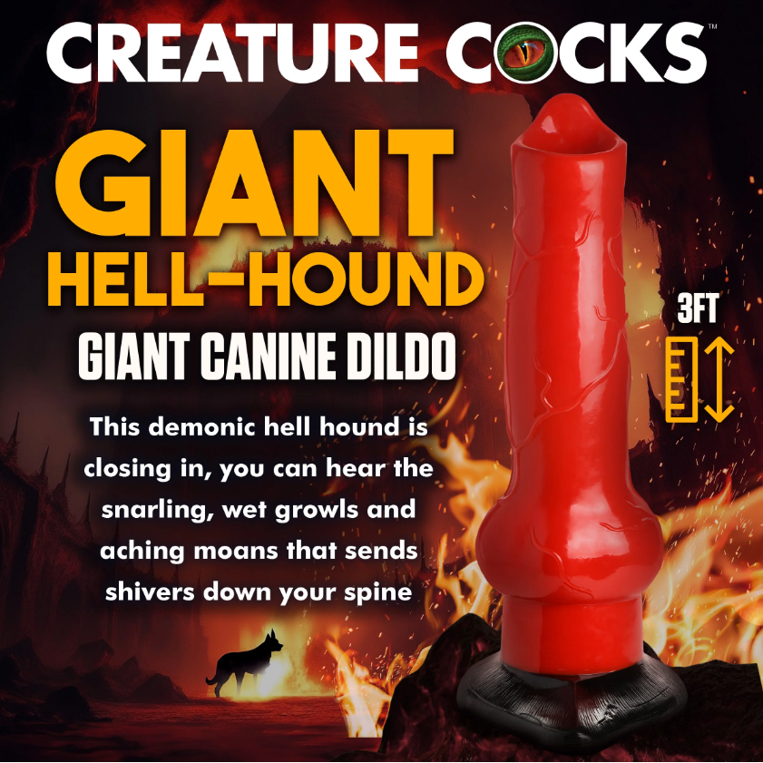Red hell hound 3ft dildo information photo.