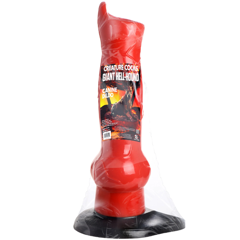 Red hell hound 3ft giant dildo inside pacakaging.