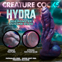 Purple sea monster hydra dildo description photo with suction cup base.