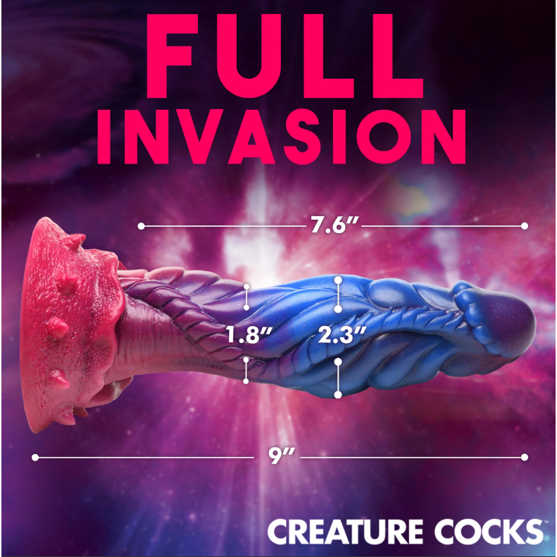 Multi colored alien dildo measurement photo.