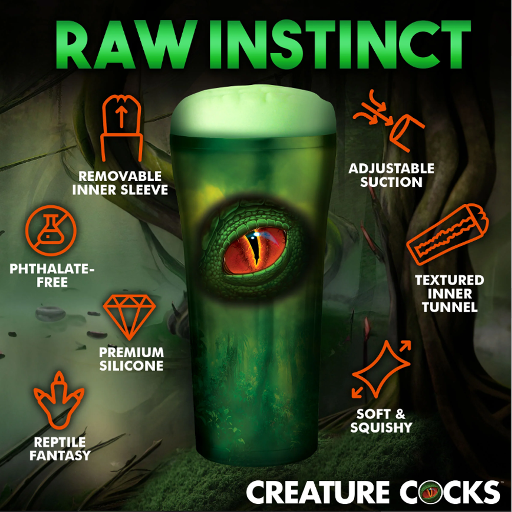 Promotional graphic for the 'Raw Instinct' adult novelty product by Creature Cocks, showing a green textured silicone insert with a reptile eye design inside a pint glass. The image features orange icons and text highlighting product features like 'Removable Inner Sleeve', 'Adjustable Suction', and 'Phthalate-Free'.