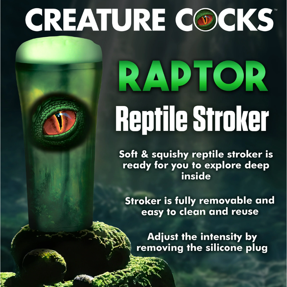 Promotional graphic for a novelty adult product called Creature Cocks Raptor Reptile Stroker, showing a green cylindrical stroker with a reptile eye graphic and marketing text on a dark moody background.
