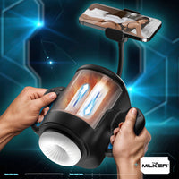 Black cyber milker automatic masturbator example photo with phone holder.