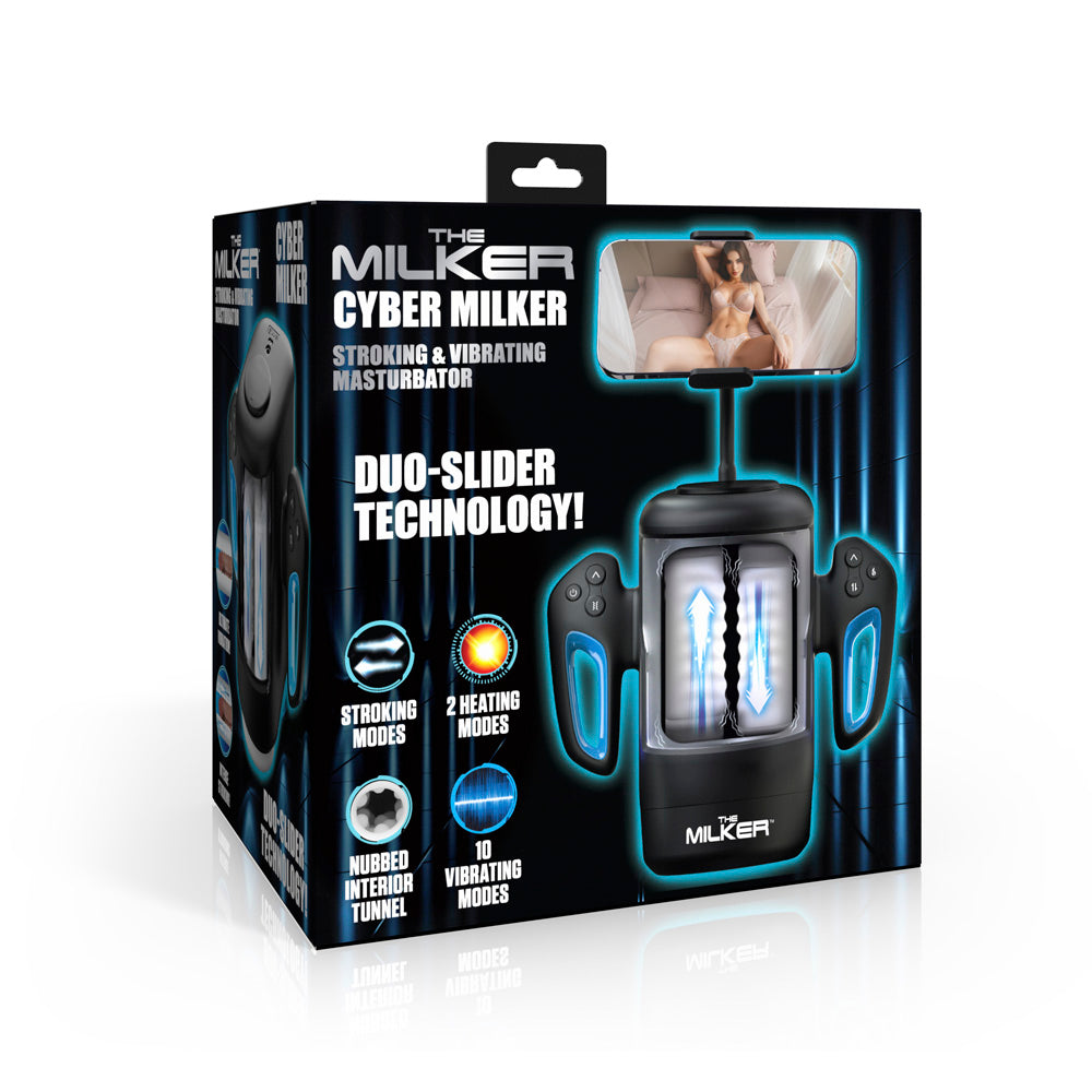 Black cyber milker automatic masturbator inside packaging.