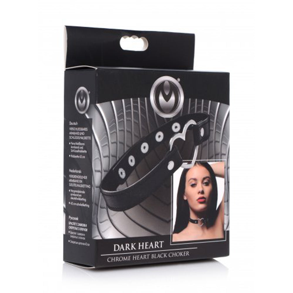 Black dark heart chrome heart black choker inside packaging.