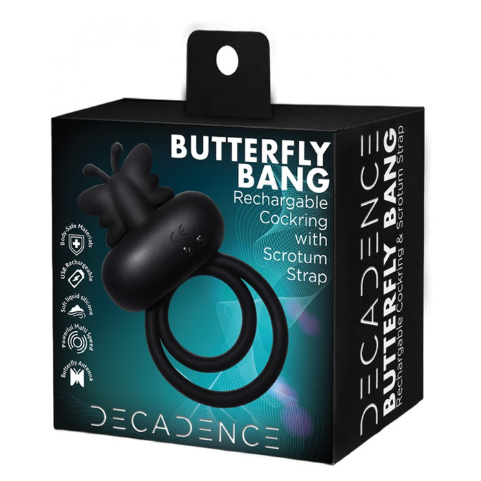 Black decadence vibrating butterfly cock and ball strap ring in packaging