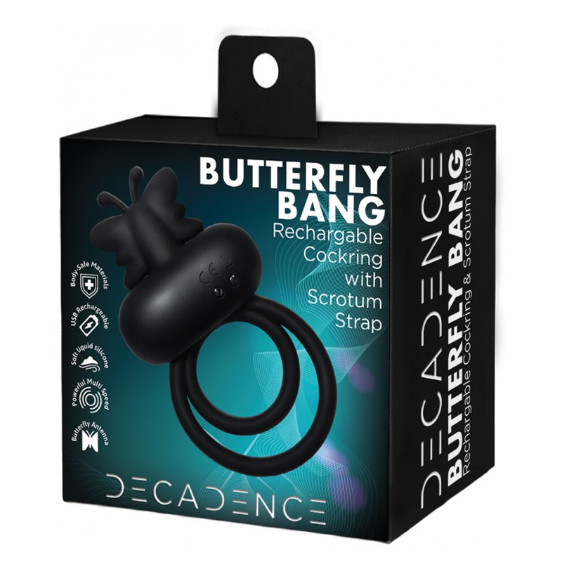 Black decadence vibrating butterfly cock and ball strap ring in packaging
