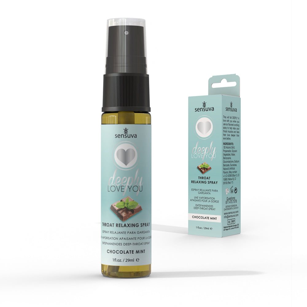 Chocolate mint spray featuring a 29ml bottle with spray bottle beside packaging.