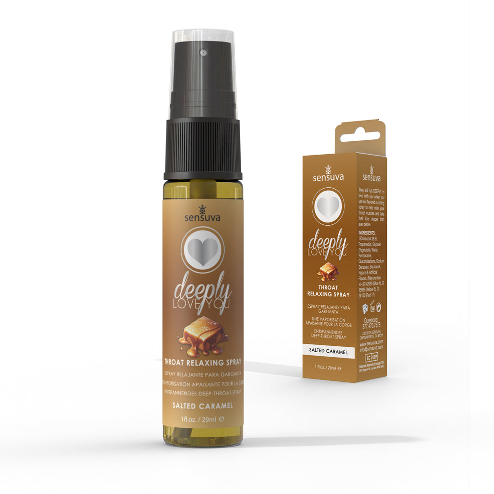 Salted caramel throat spray featuring 1oz spray bottle beside packaging.
