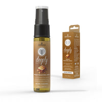 Salted caramel throat spray featuring 1oz spray bottle beside packaging.