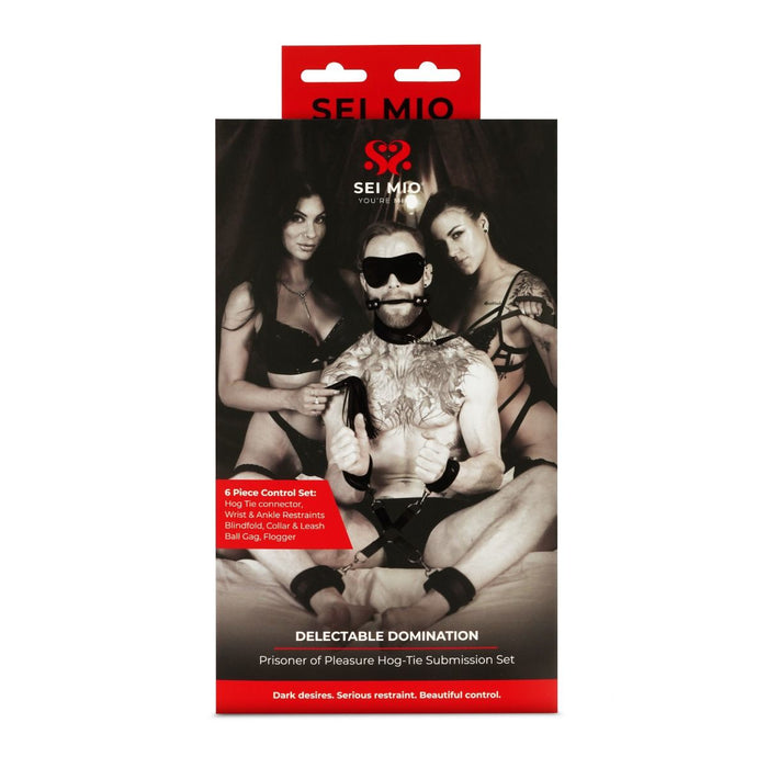 Delectable domination prisoner of pleasure hog-tie-submission set inside packaging.