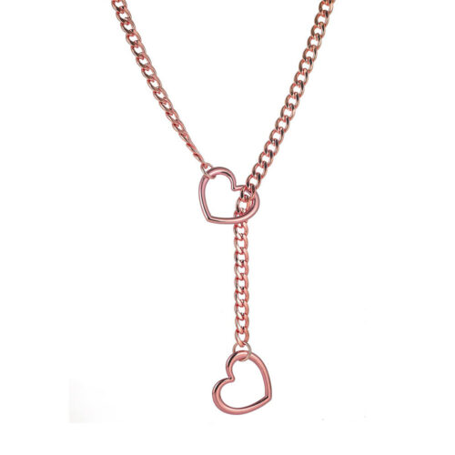 Rose gold necklace with heart-shaped pendants on a white background