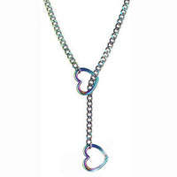 Necklace with heart-shaped rainbow-colored pendants on a white background