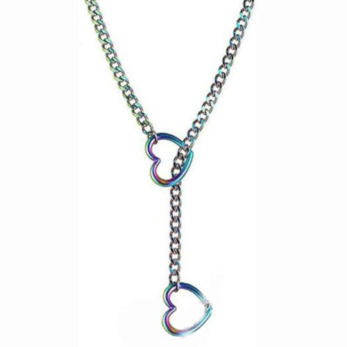 Necklace with heart-shaped rainbow-colored pendants on a white background
