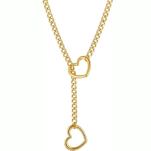Gold necklace with heart-shaped pendants on a white background