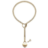 Gold chain necklace with heart lock and key pendant on a white background