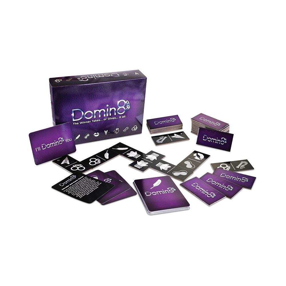 Domin8 couples game example beside packaging.