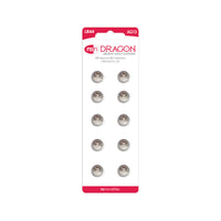 10 Pack dragon alkaline LR44/AG13 batteries inside packaging.