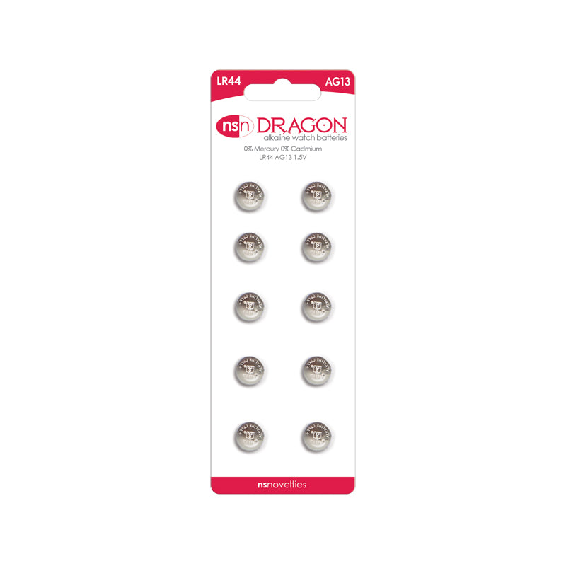 10 Pack dragon alkaline LR44/AG13 batteries inside packaging.