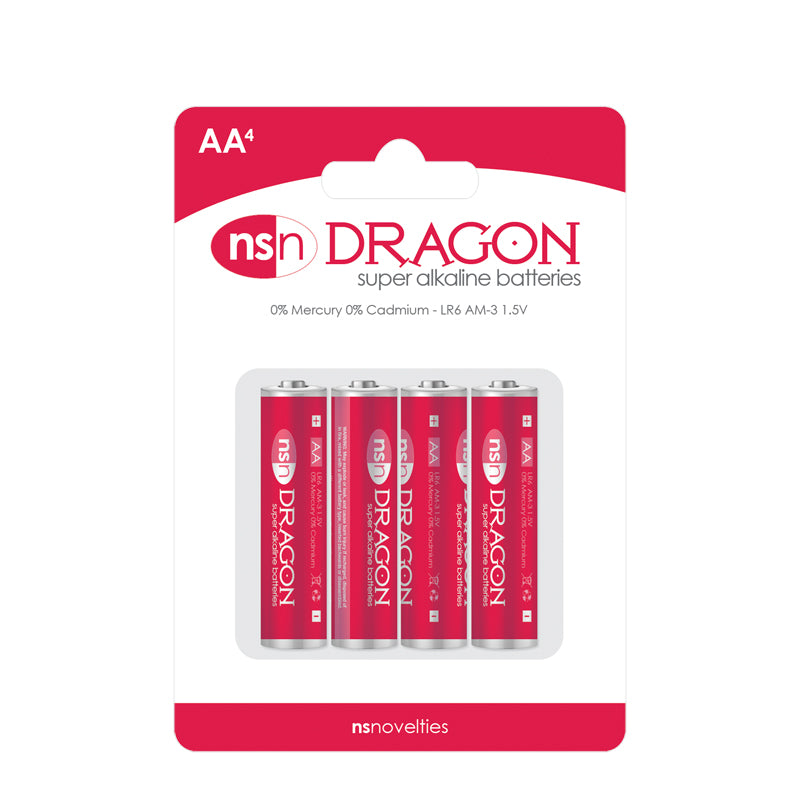 Silver & red 4 pack AA super alkaline batteries inside packaging.