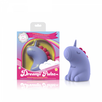 Purple pulse unicorn stimulator example photo beside packaging.