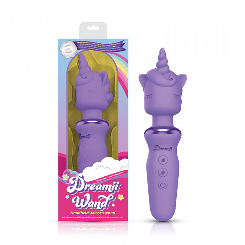 Purple dreamii wand unicorn massager beside packaging.