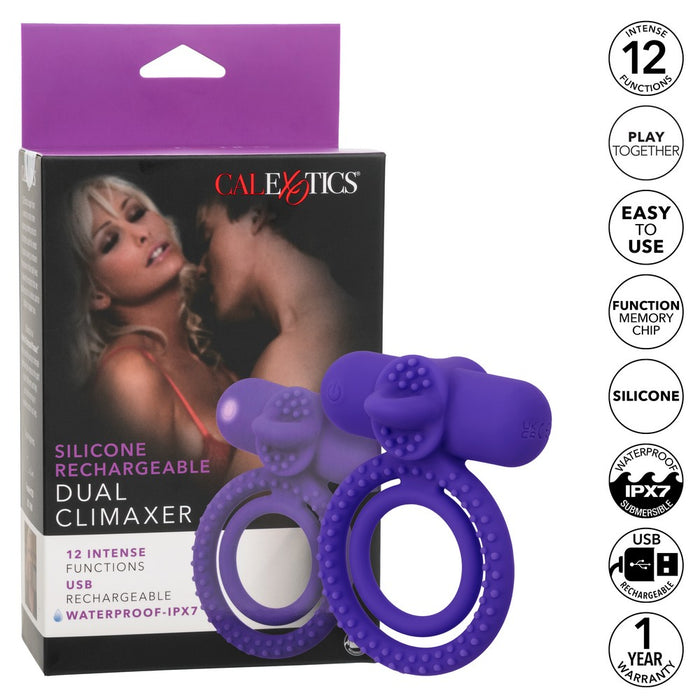 purple cock ring with scrotum support. nubs around beside packaging