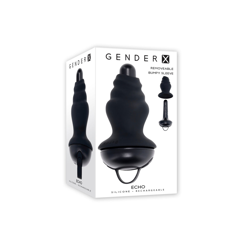 Black echo vibrator with 10 vibration settings, removeable silicone sleeve and rechargeable inside packaging.