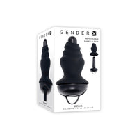 Black echo vibrator with 10 vibration settings, removeable silicone sleeve and rechargeable inside packaging.