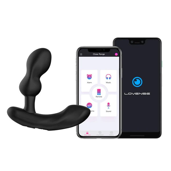 black vibrating prostate massager showing phone app