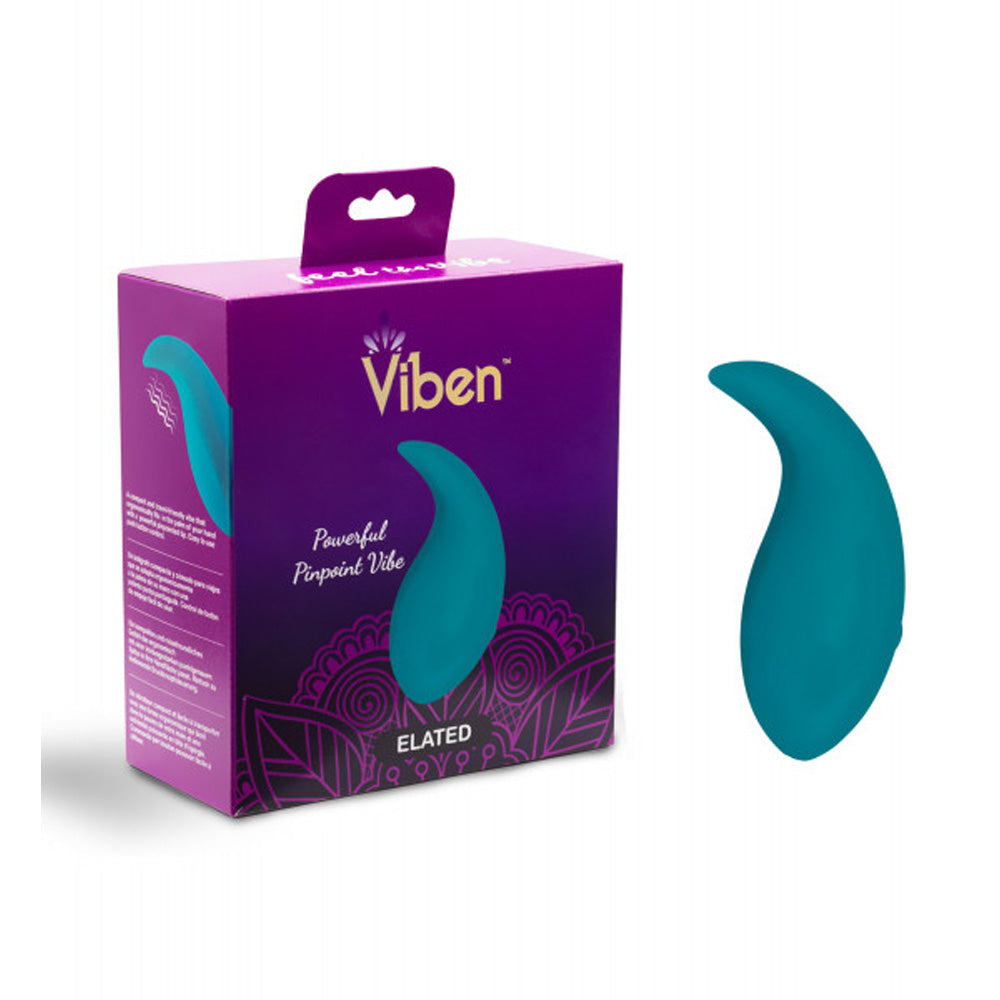 Teal pinoint vibrator example photo beside packaging.