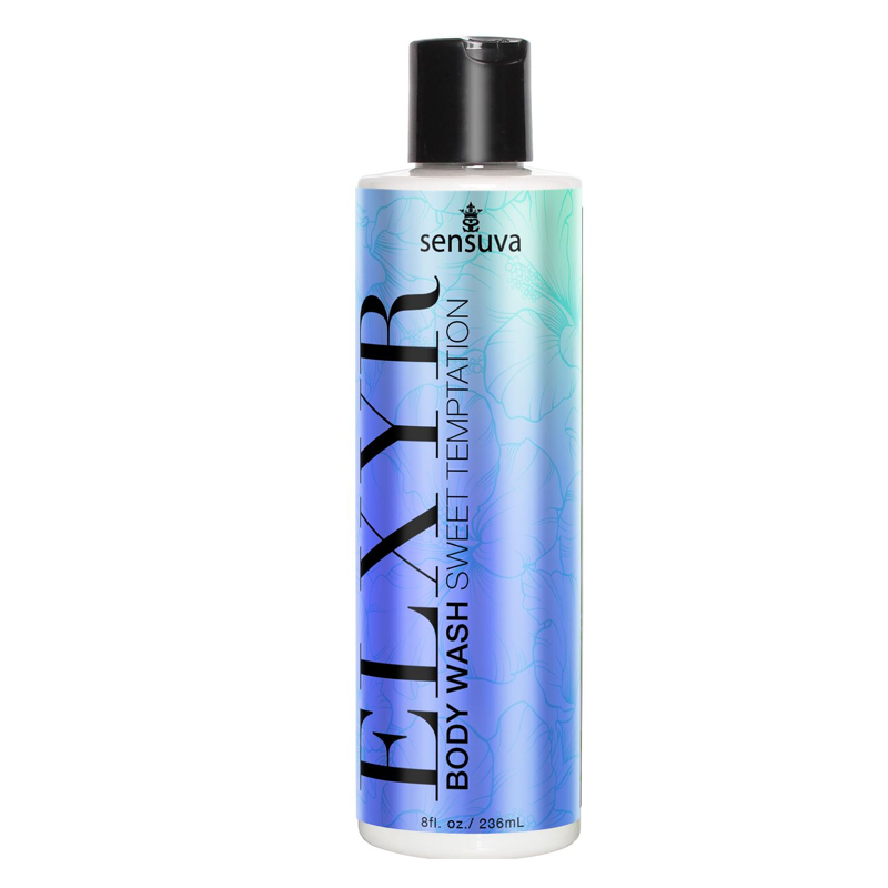 Sensuva Elyx sweet secrets body wash bottle on a white background.
