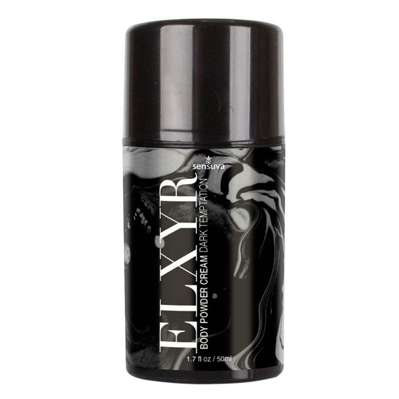Black 50ml container of Sensuva Elyxr Body Powder Cream on a white background.