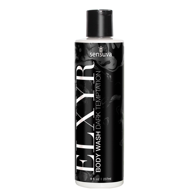 A bottle of Sensuva ELXYR Body Wash with Dark Temptation, featuring a black label with white text and a black cap, set against a plain white background.