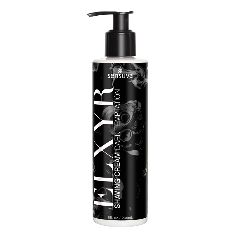 Sensuva Flexyr Shaving Cream Dark Temptation pump bottle in black and white, shown on a solid white background.