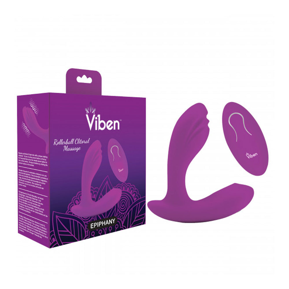 Purple rollerball epiphany vibrator with remote beside packaging.