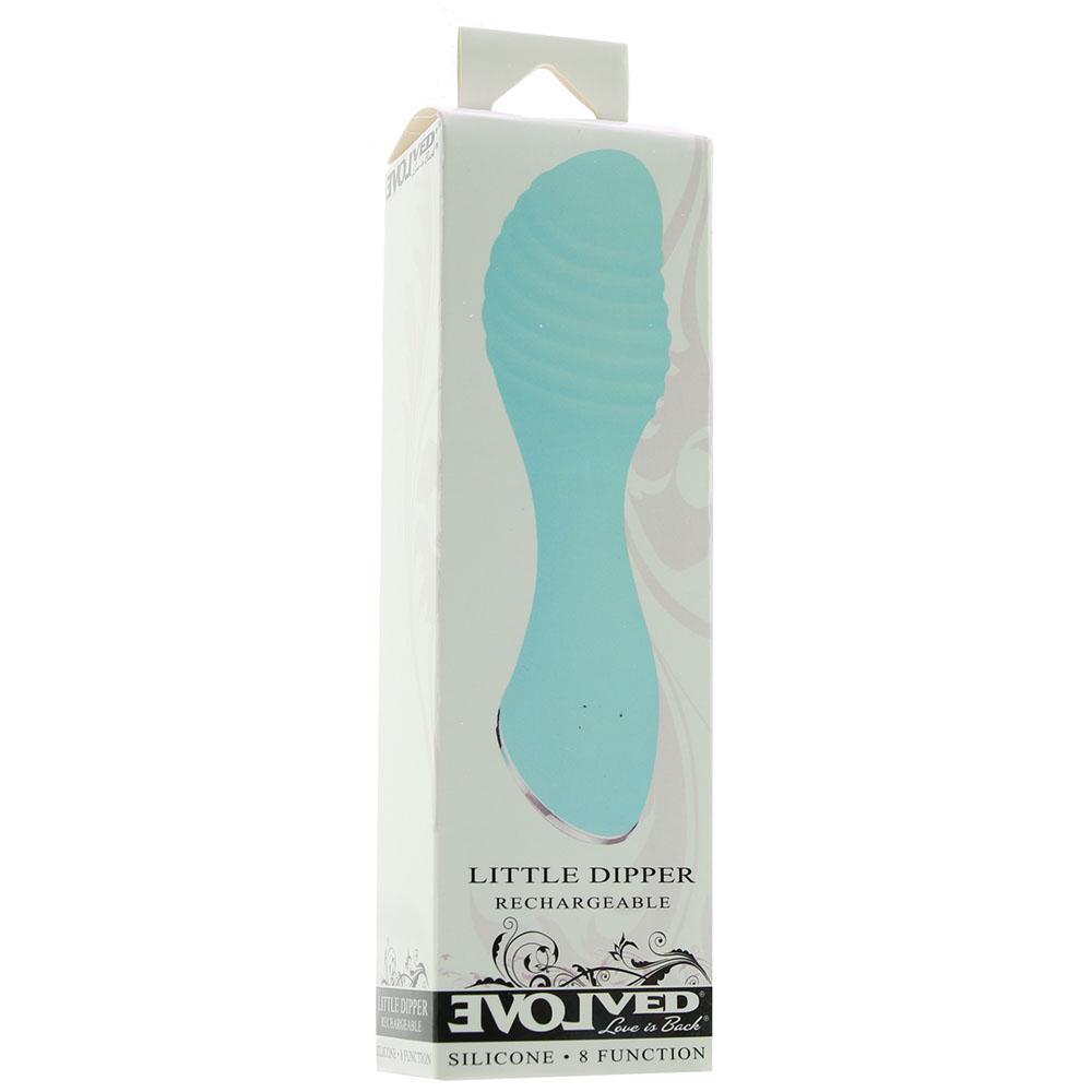 Turquoise little dipper vibrator inside packaging.