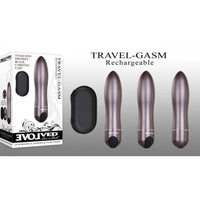 Purple gasm travel vibrator with discreet black carrying case inside packaging.