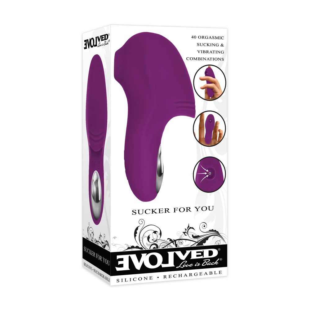 Purple sucker for you vibrator inside packaging.