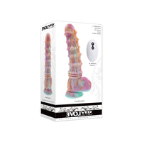 Multicolor fantasy vibrating dildo with remote inside packaging.