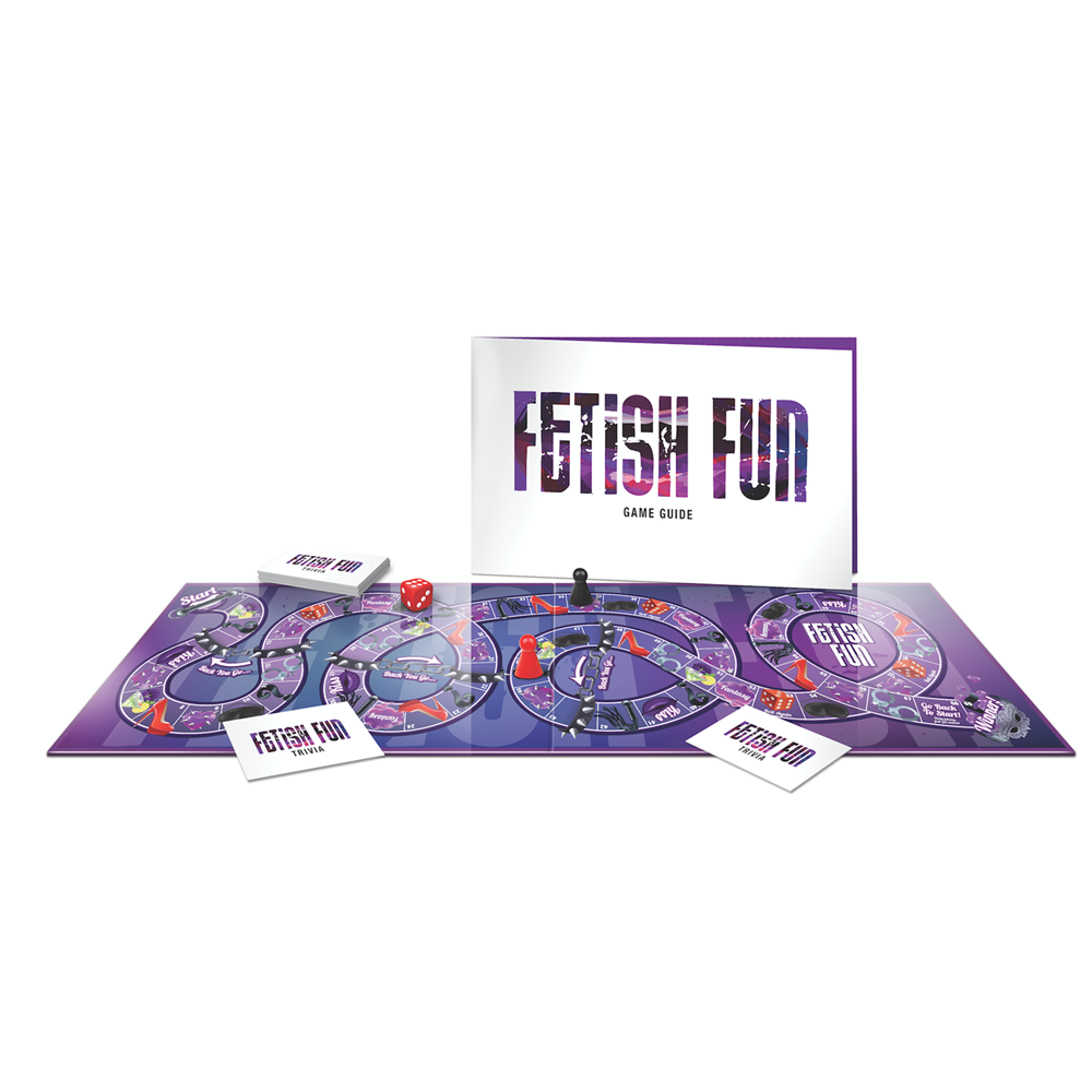 Fetish fun kinky game board and game guide example photo beside packaging.