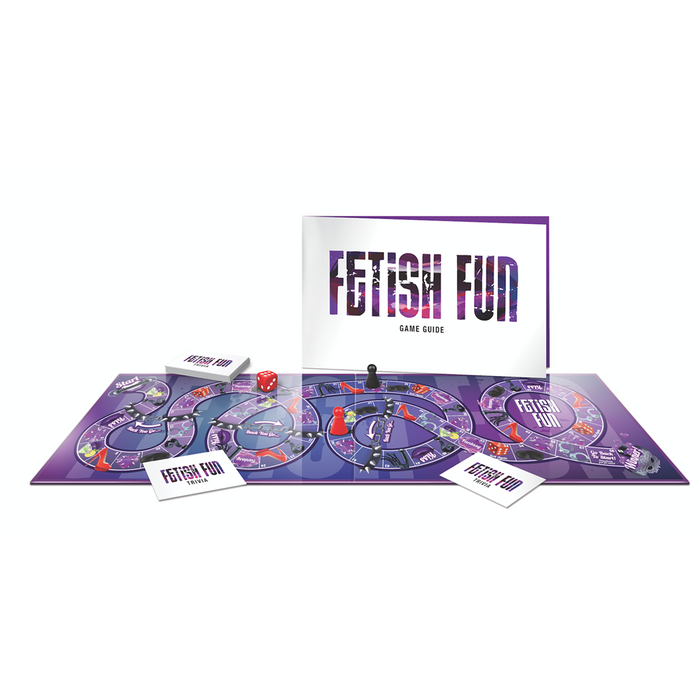 Fetish fun kinky game board and game guide example photo beside packaging.
