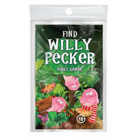 Packaging for 'Find Willy Pecker' adult game, featuring cartoon-style characters and a humorous design.