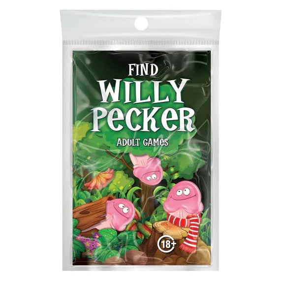 Packaging for 'Find Willy Pecker' adult game, featuring cartoon-style characters and a humorous design.